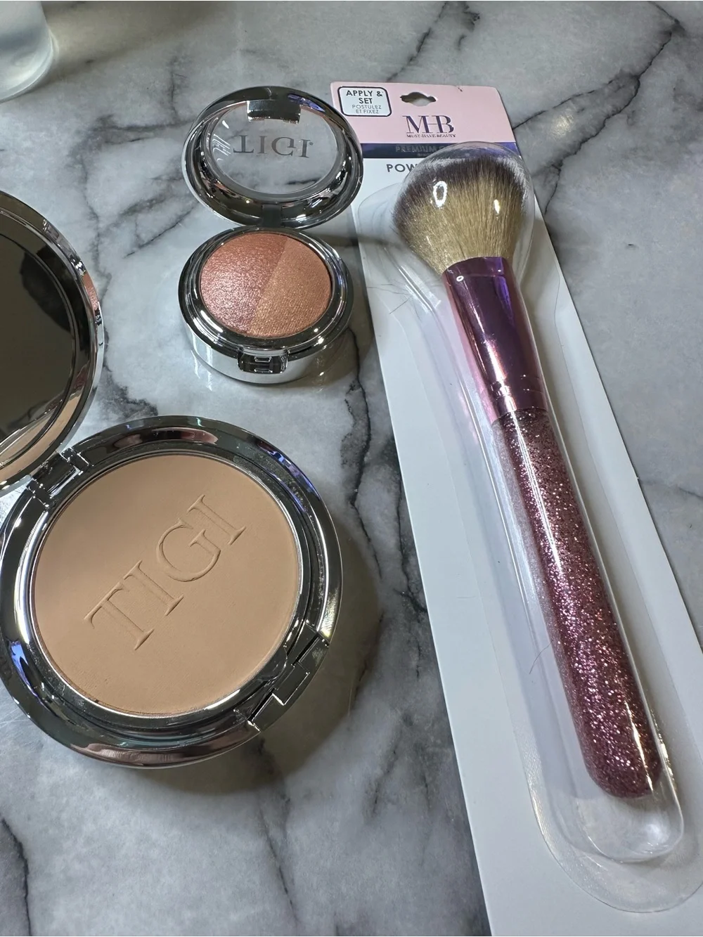 TIGI Powder Foundation, glow blush & blush brush bundle